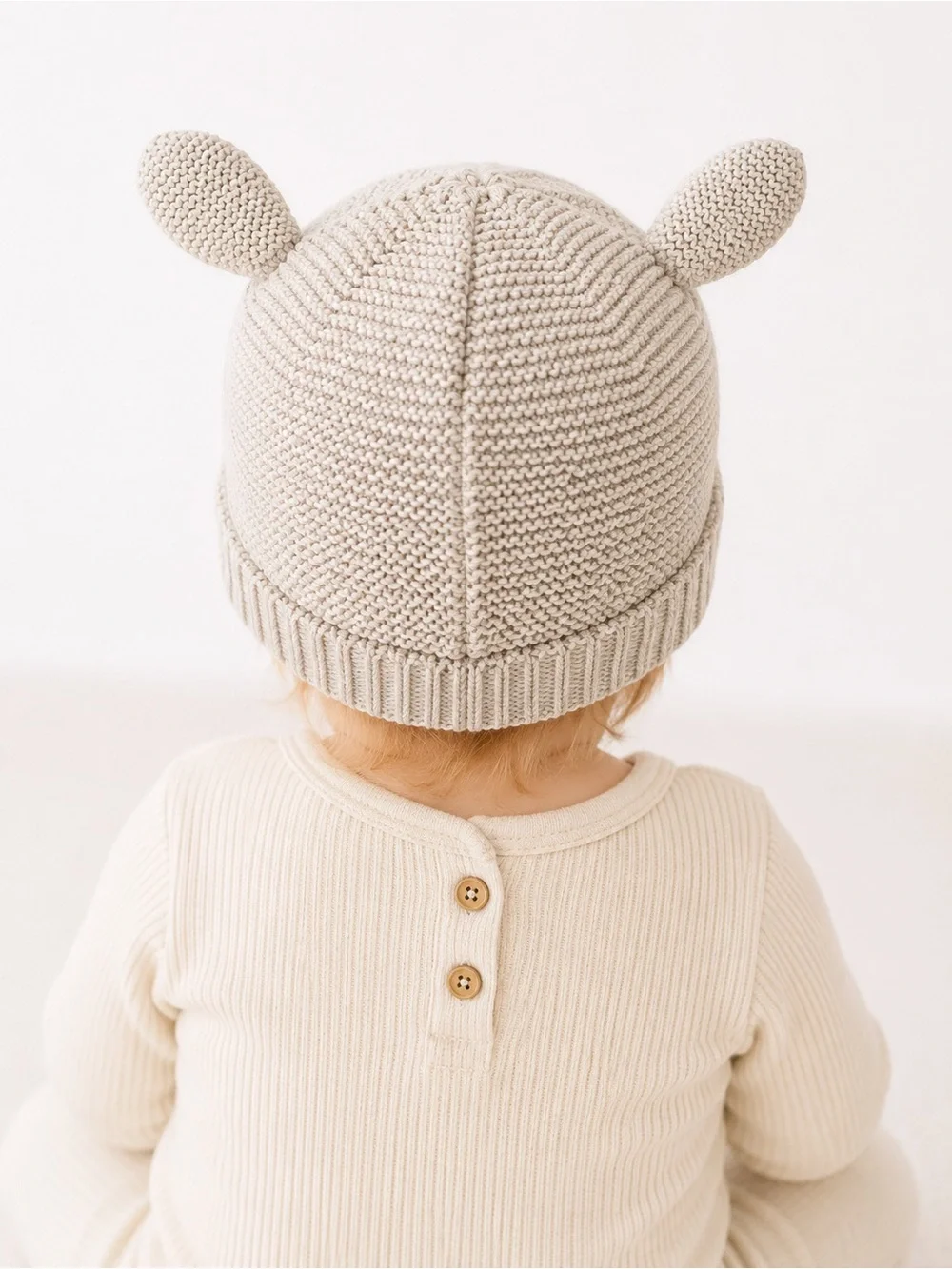 H&M Baby Knit Bear Ear Beanie Hat Cream Cotton Neutral Unisex | Size 3-6M